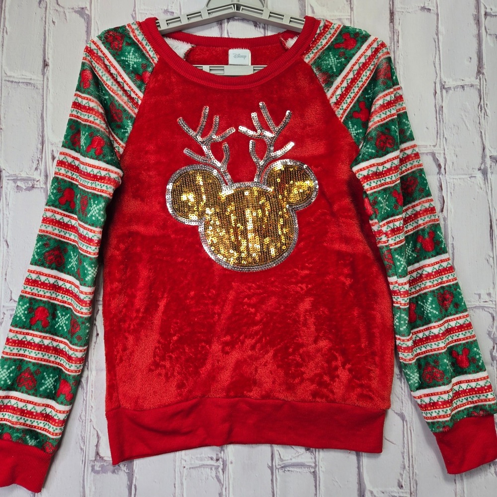 Disney Sweatshirt Red Mickey Mouse Reindeer Sequin Fair Isle Christmas Juniors S